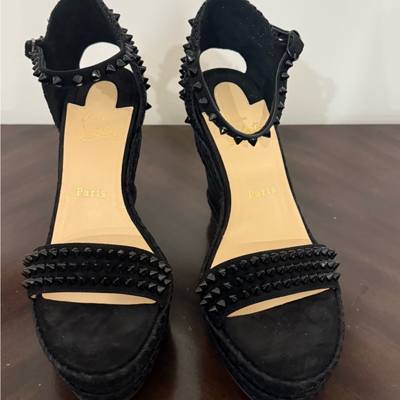 Christian Louboutin Black Wedge Sandals with Studs - Picture 2 of 4